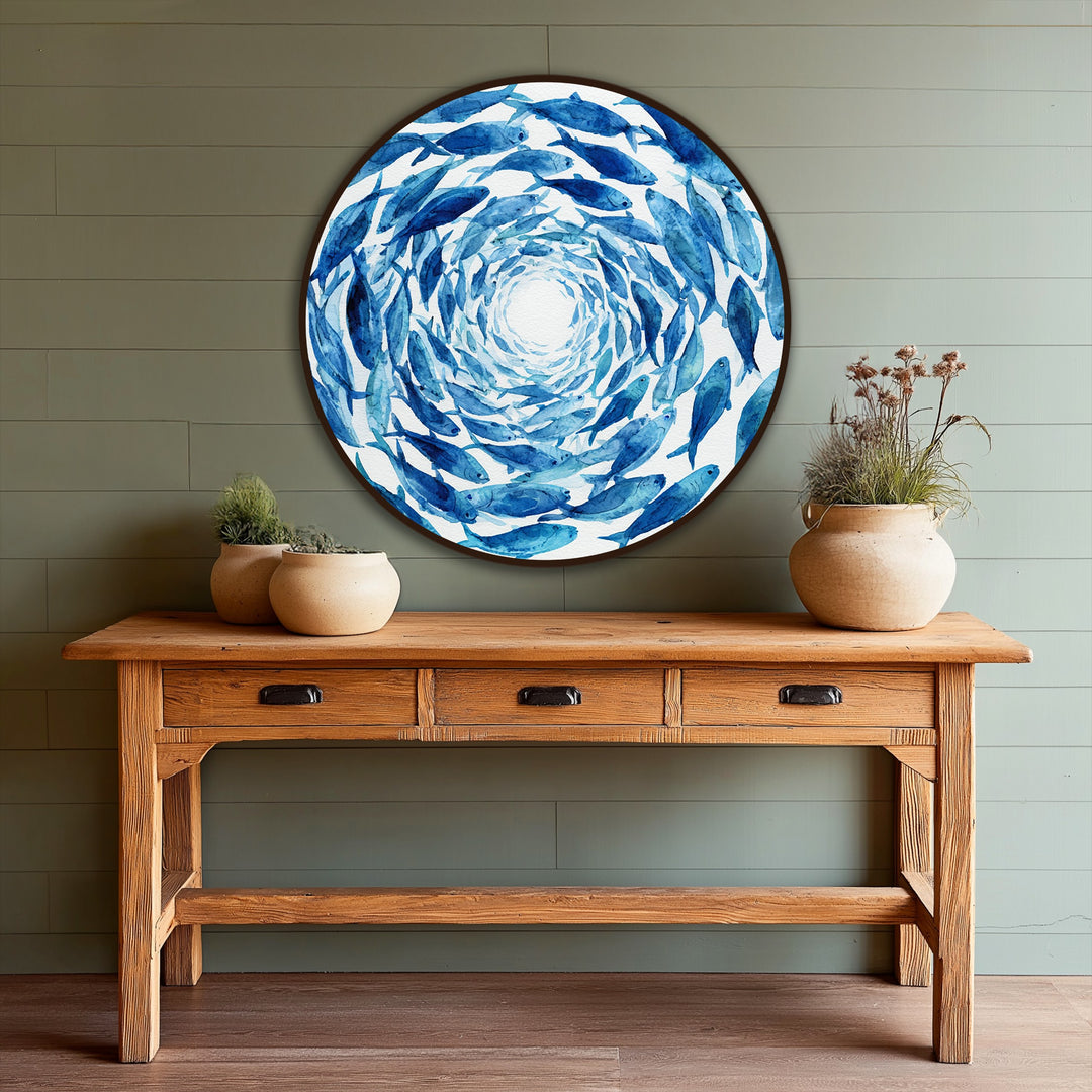 Visual rhythm in the round oil painting reproduction print is created by the mesmerizing swirl of blue fish, offering a dynamic, sea-inspired focal point.