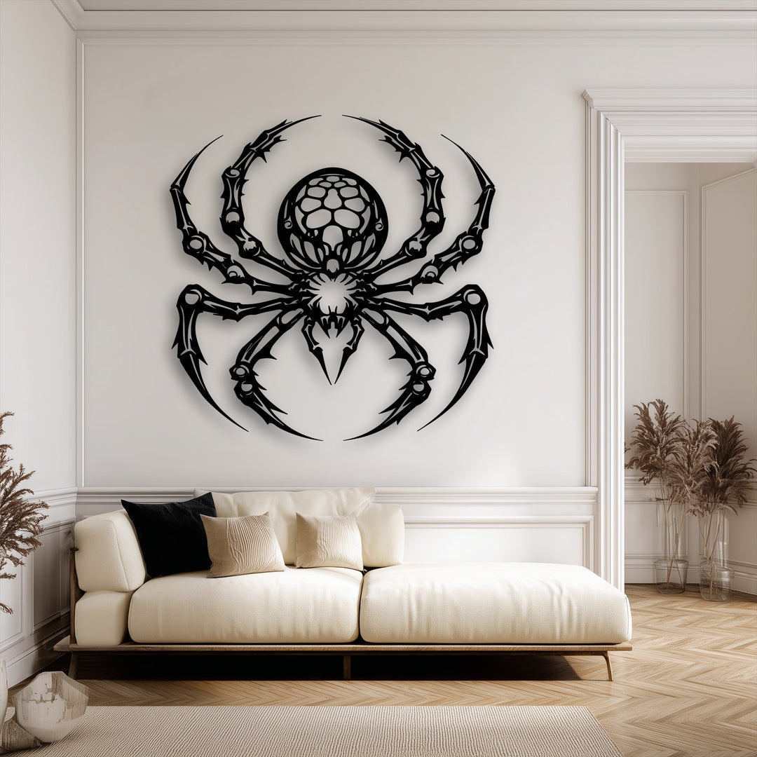 The pronounced, sharp edges and intricate borders of the gothic spider decorative metal art create a striking contrast against the bright wall.