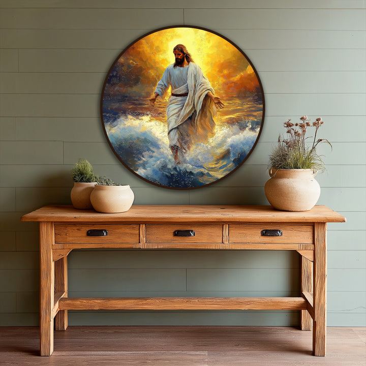 Radiant gold hues dominate this powerful 'Divine Light Over the Waves' oil painting, a stunning oil painting reproduction print featuring Jesus walking on water.