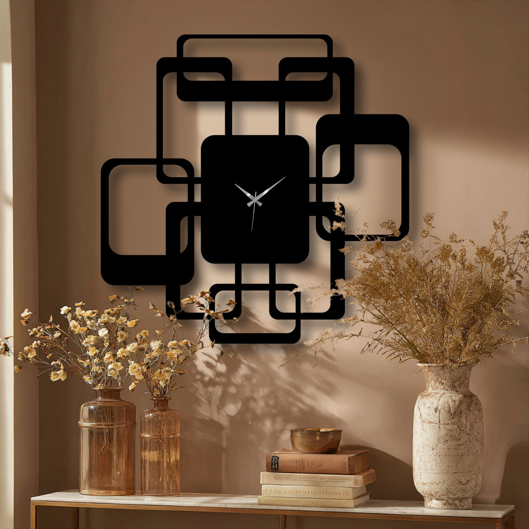 The modern interlocking squares metal wall clock creates a striking visual rhythm with its bold geometric pattern, offering a unique decoration wall art statement.