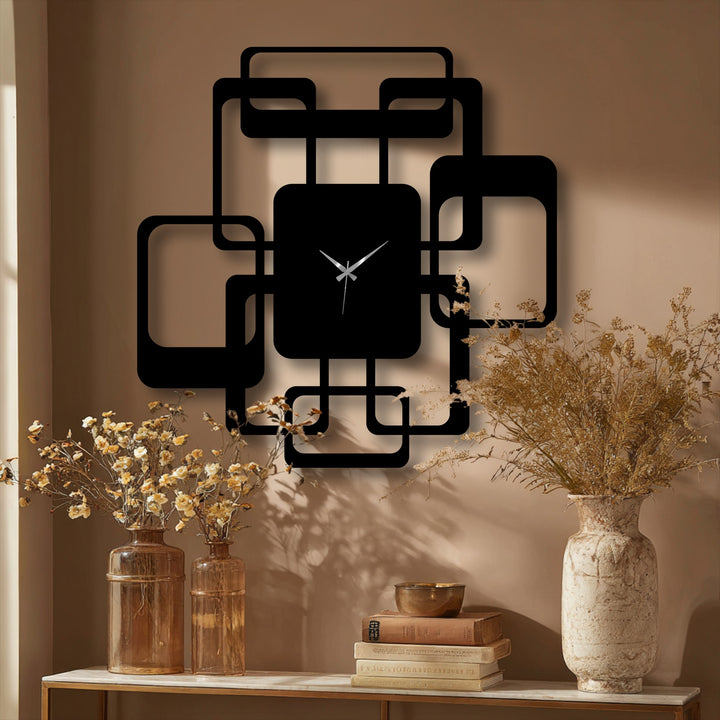 The modern interlocking squares metal wall clock creates a striking visual rhythm with its bold geometric pattern, offering a unique decoration wall art statement.