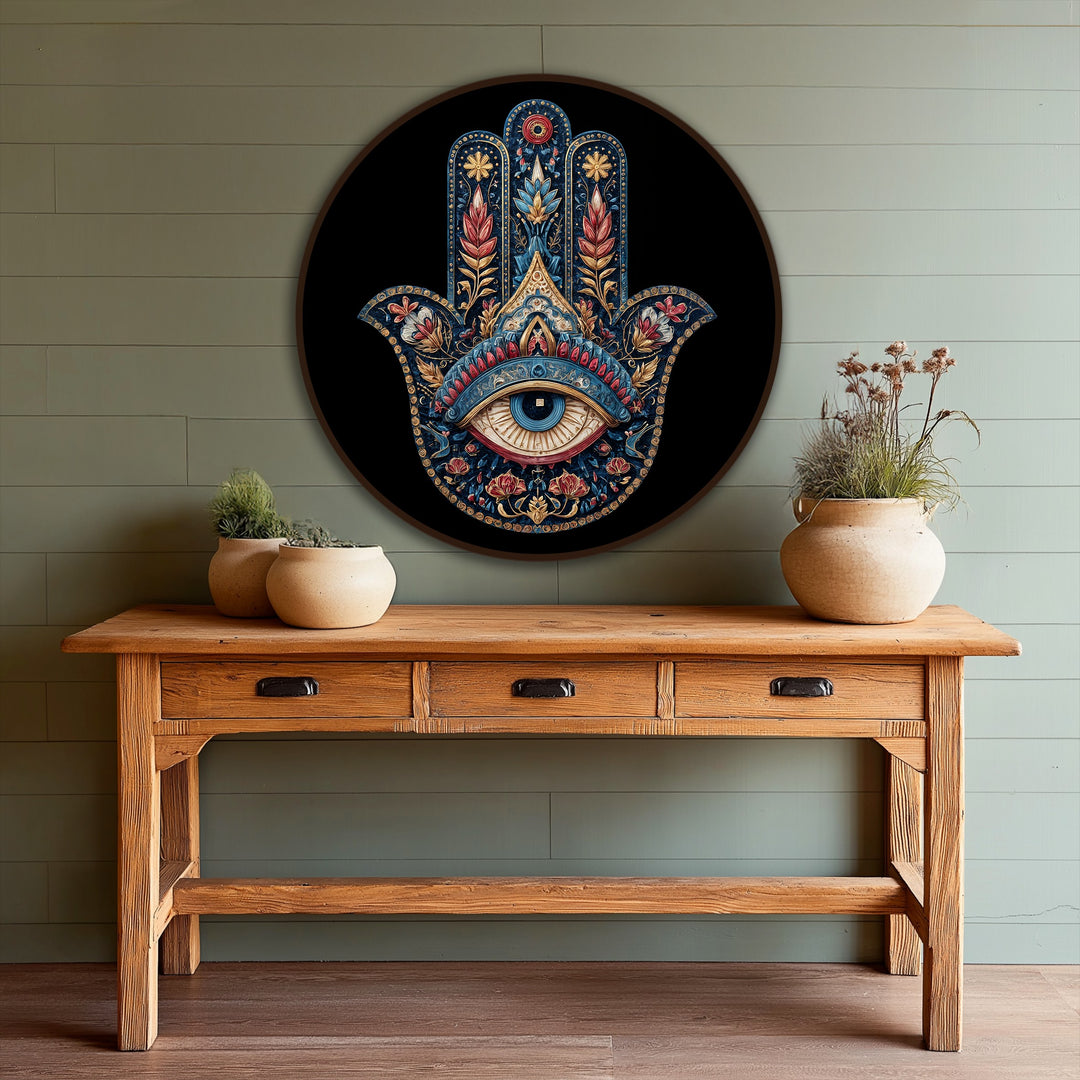 Ornate Hamsa hand with a protective eye is the central subject of this round oil painting, a striking example of oil painting art prints with its intricate details.