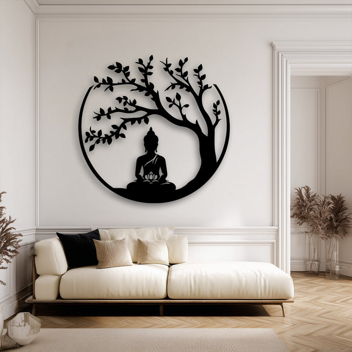 The serene focal point is a circular black Zen Buddha Tree metal artwork featuring a meditating Buddha under an intricate tree.