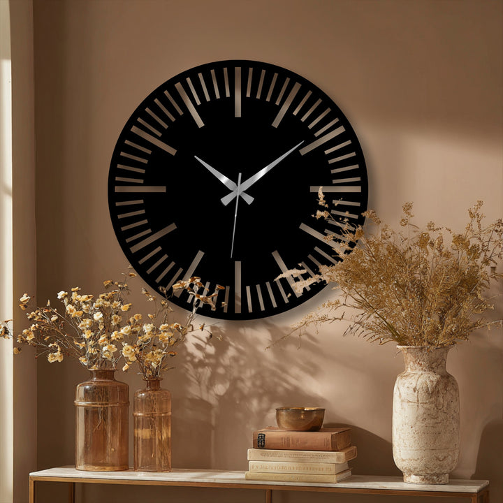 Showcasing the realistic detail, this luxury black dial metal wall clock features a minimalist design, a modern statement that exemplifies sophisticated metal art for wall spaces.