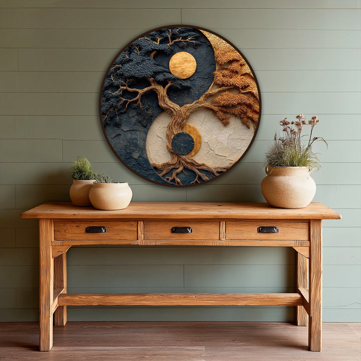 Showing the realistic detail of modern oil painting art, this abstract tree painting captures the celestial balance with its textured, round design and earthy color palette.