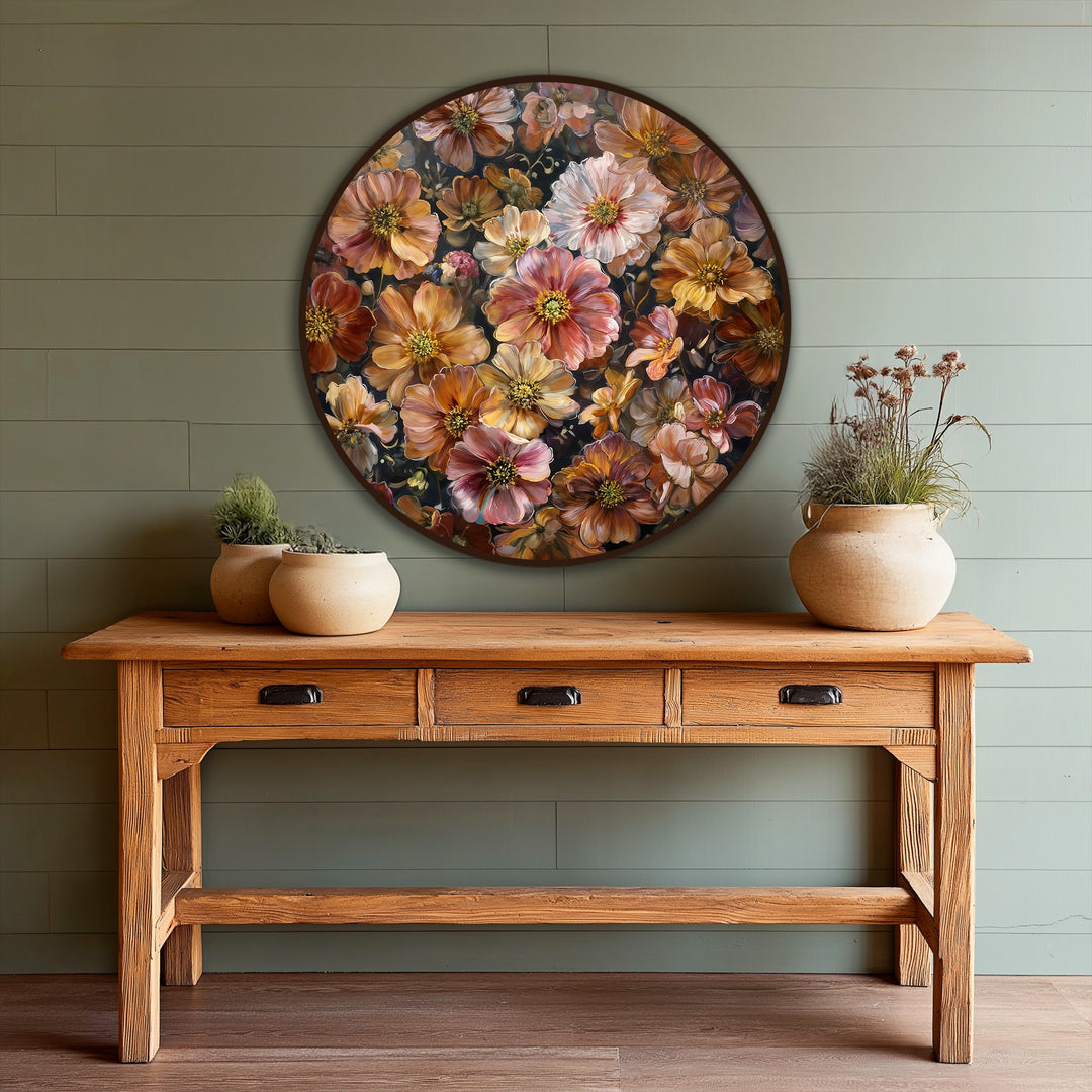 Warm amber and blush tones dominate this floral round oil painting, showcasing a beautiful autumn bloom symphony as stunning oil painting wall art.