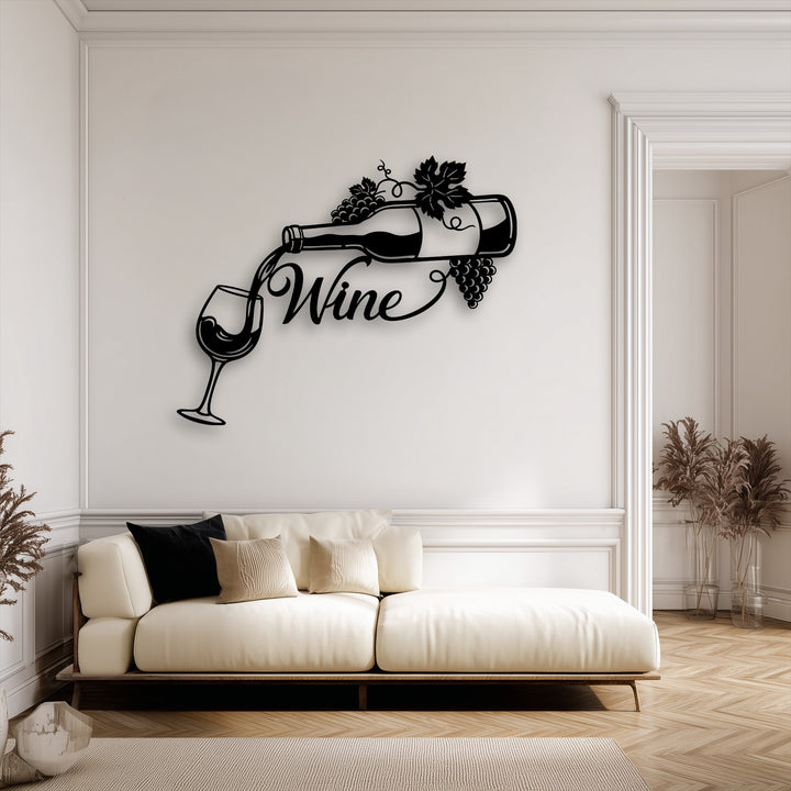 The organic forms of the pouring wine, bottle, and elegant grape clusters create a striking black metal art for wall piece.