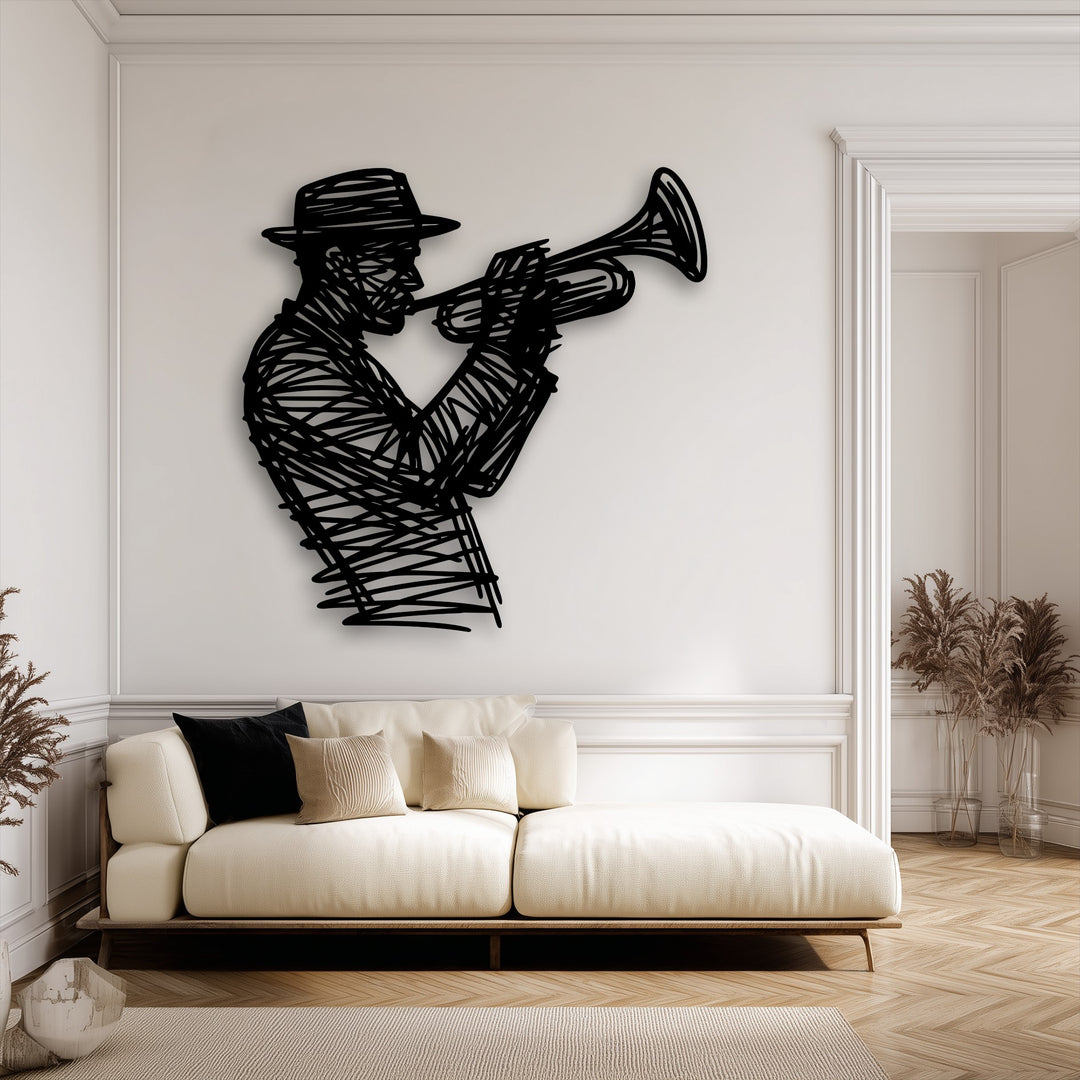 A bold transition from the dark jazz trumpet player metal art for wall to the creamy white background accentuates the striking musician silhouette.