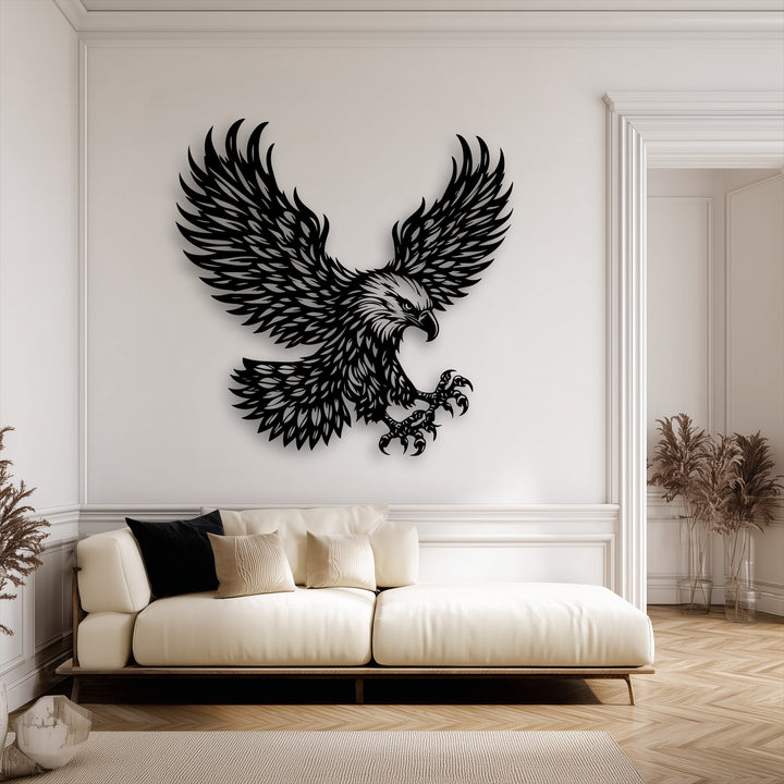 The bright white wall highlights the stunning unique metal wall art featuring a majestic eagle, a powerful bird decor.