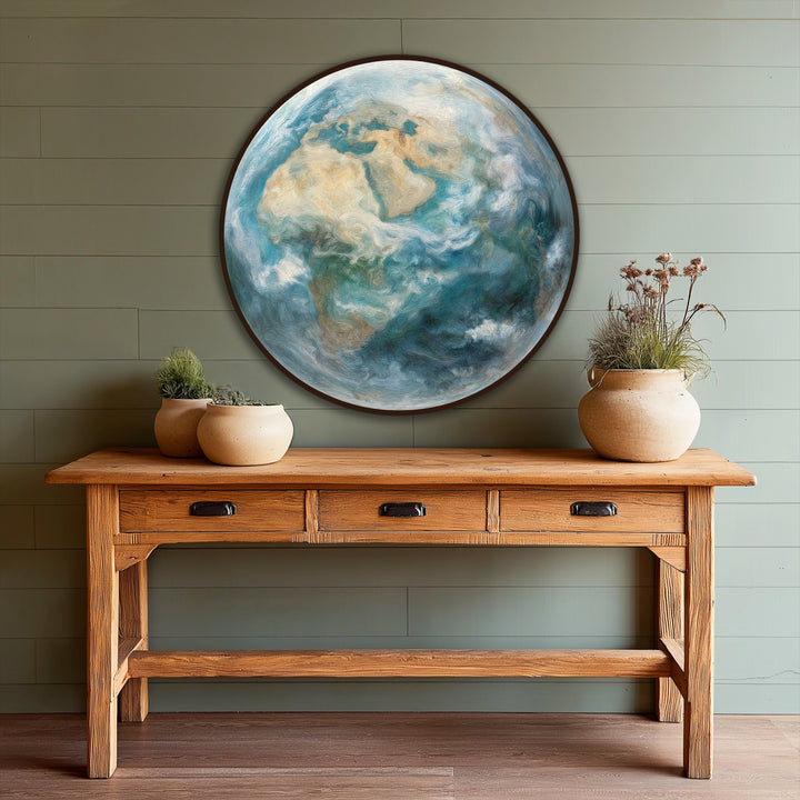 In the stillness of the scene, an Earth From Above round oil painting wall art captures the atmospheric globe with soft textures and ocean tones.