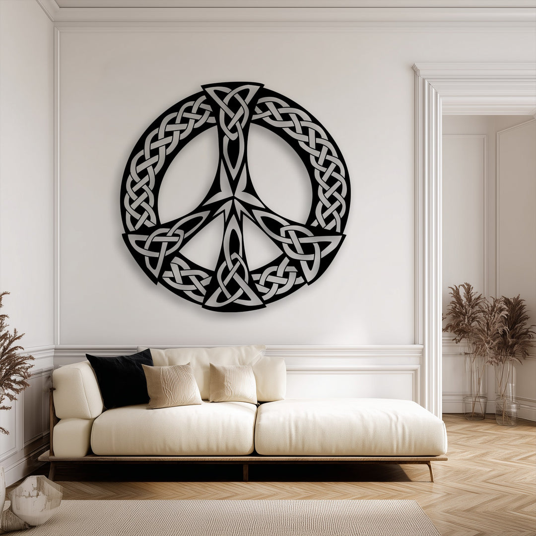 The visual rhythm of the intertwined Celtic knots within the large peace symbol metal wall art offers captivating decoration wall art.