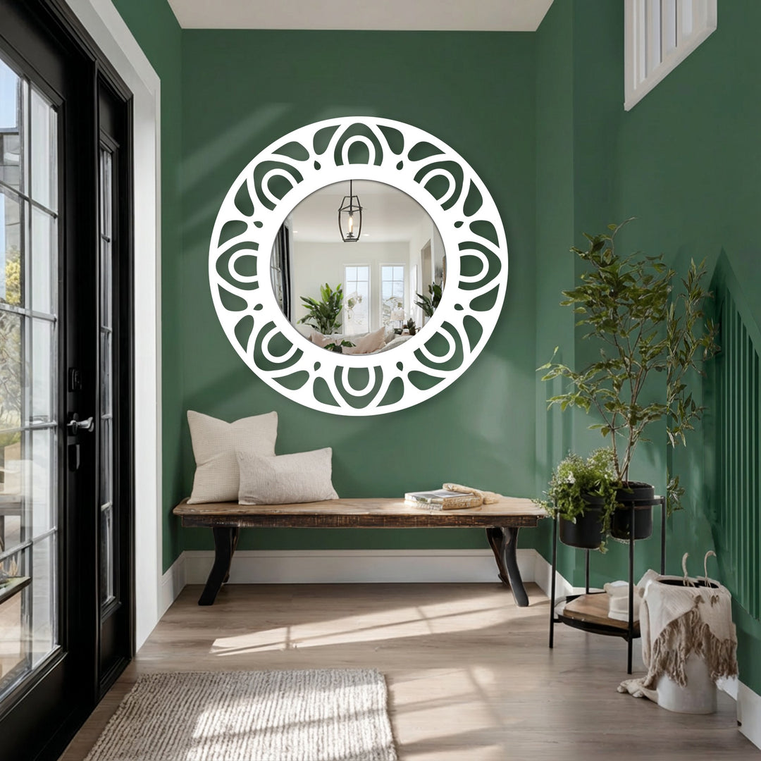 Foreground flooring leads the eye towards a modern pattern ring floor mirror for wall decor, enhancing the entryway's style.