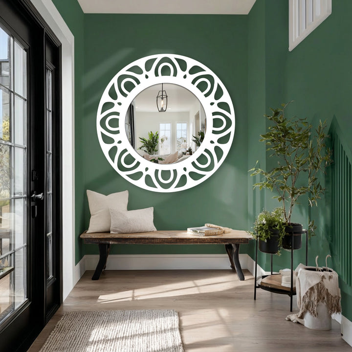 Foreground flooring leads the eye towards a modern pattern ring floor mirror for wall decor, enhancing the entryway's style.