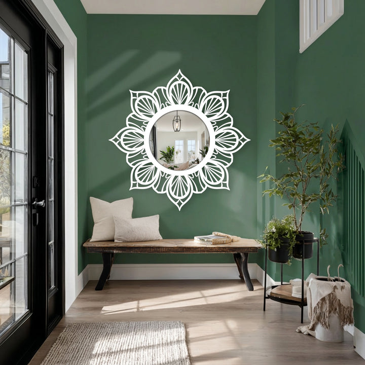 Exquisite craftsmanship highlights the durable metal construction of this mandala floral round metal wall mirror, enhancing the decoration wall art with its symmetrical design.