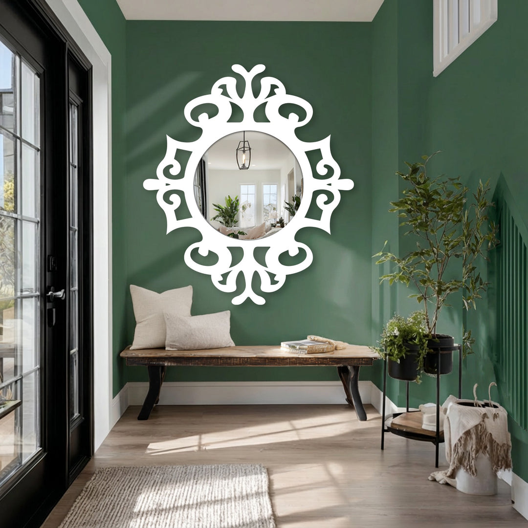 Aesthetic and calming, the hallway's ambience is enhanced by a classic ornate round mirror for wall decor that reflects a serene domestic space.
