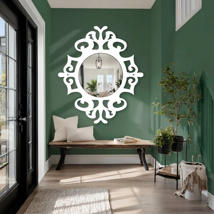 Aesthetic and calming, the hallway's ambience is enhanced by a classic ornate round mirror for wall decor that reflects a serene domestic space.
