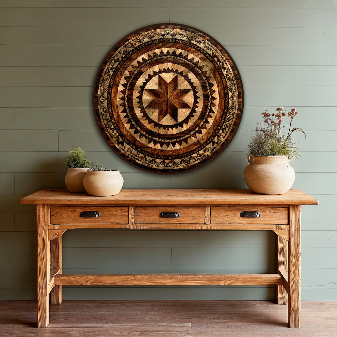 Subtle light and shadow play across the rustic geometric design of this round oil painting home decor, emphasizing the tribal sunburst mandala’s intricate details.