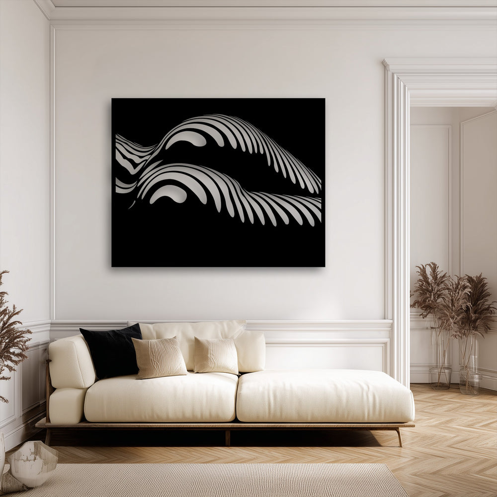 The striking desaturation of this unique metal wall art highlights its abstract flowing wave design in metallic grey and black, enhancing modern decor.