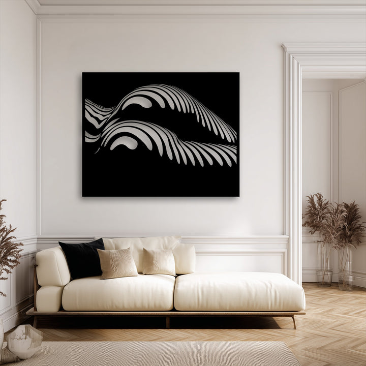 The striking desaturation of this unique metal wall art highlights its abstract flowing wave design in metallic grey and black, enhancing modern decor.