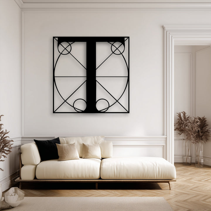 With extremely low color saturation, this modern metal art for wall, featuring a geometric Letter T, complements the minimalist neutral room.