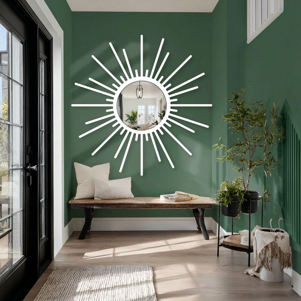 Reflected within the round modern wall mirrors, a bright interior is seen hanging above a wooden bench, creating a focal point in this stylish hallway.