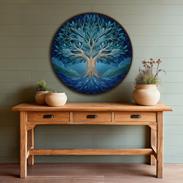 Vibrant color saturation defines this Midnight Harmony blue Tree of Life round oil painting art prints, creating a visually stunning and calming effect.