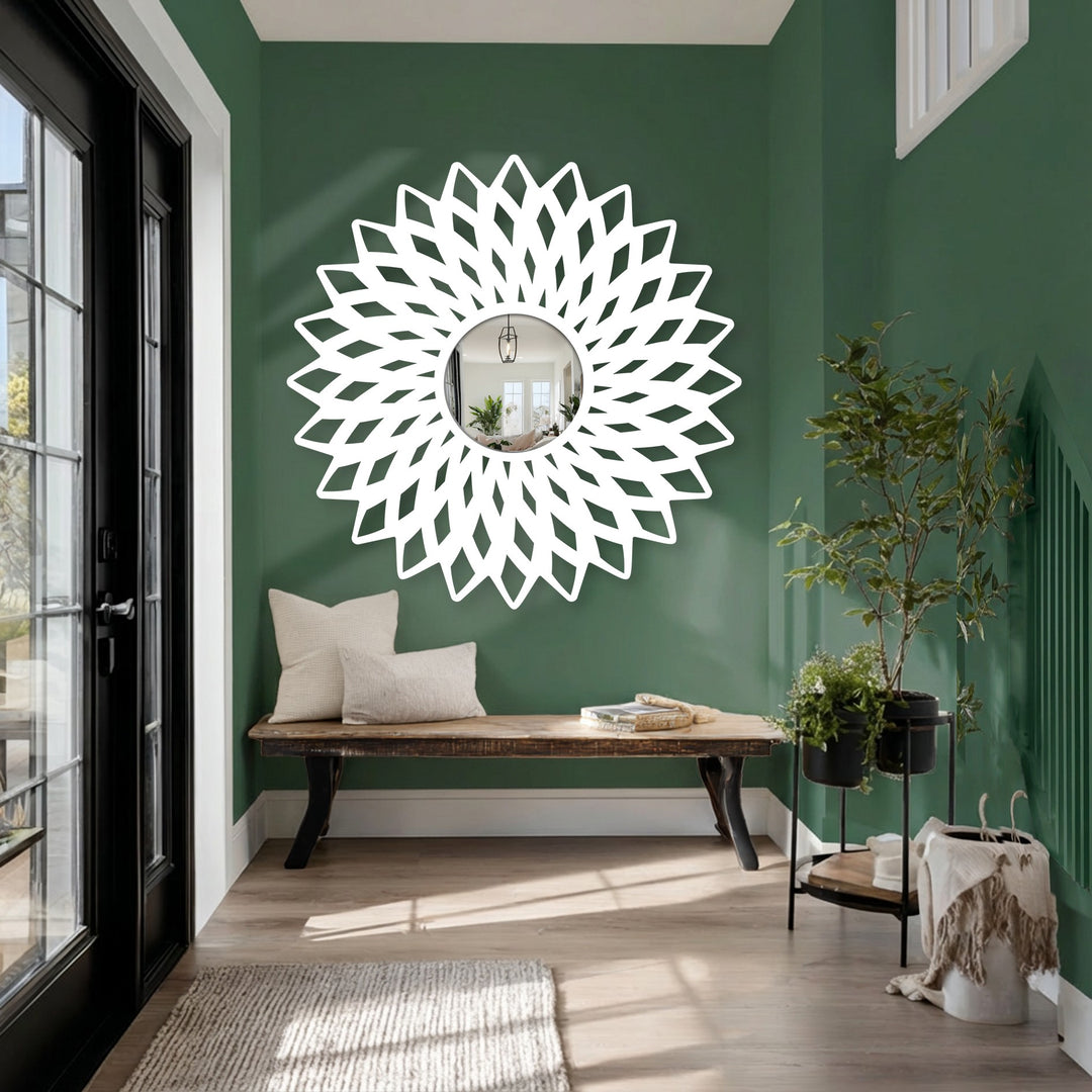 Circular decorative mirror in a floral style, shown in a horizontal orientation for adding a touch of elegance to your metal artwork display.