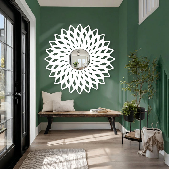 Circular decorative mirror in a floral style, shown in a horizontal orientation for adding a touch of elegance to your metal artwork display.
