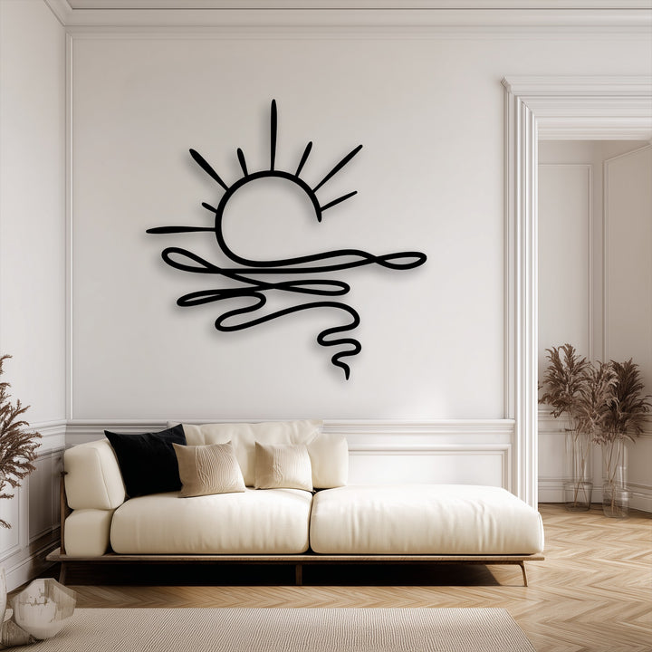 A textured beige rug and a wooden sofa base in the foreground set a minimalist scene, emphasizing the striking abstract sunrise metal wall decor.