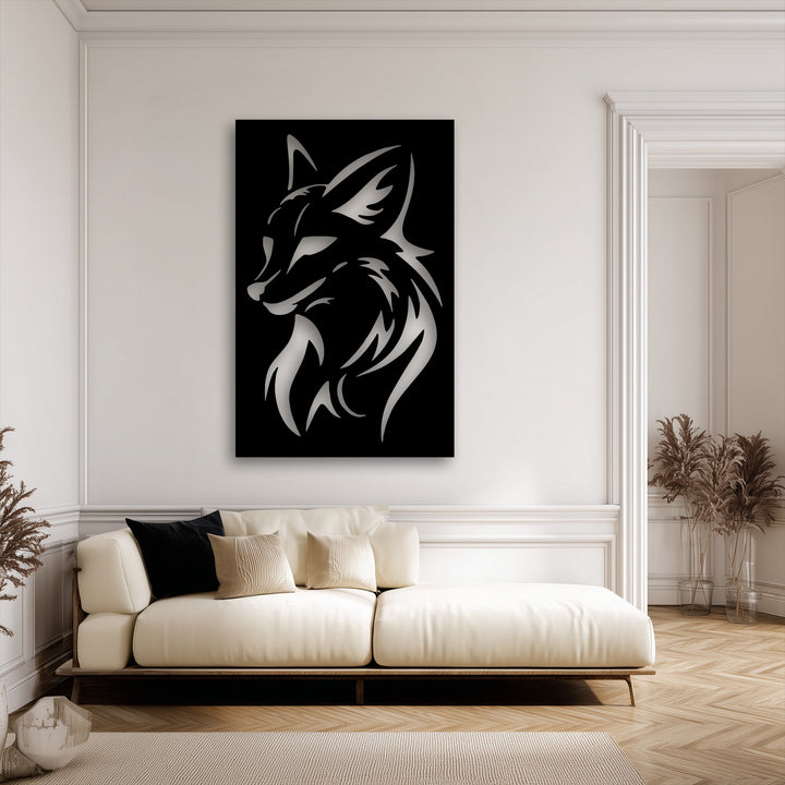 The commanding mood of this living space is enhanced by a unique metal wall art piece featuring a fierce wolf head silhouette.