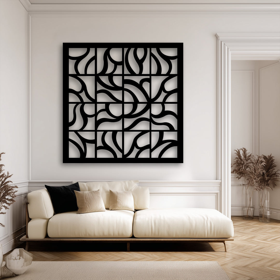 Dramatic Geometric Flow Grid decoration wall art casts intriguing shadows, creating visual depth and layers on a pale wall above a sofa.
