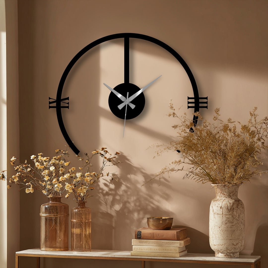 With subdued color saturation, a modern arch metal wall clock adds a touch of understated elegance as unique decoration wall art to the monochromatic wall.