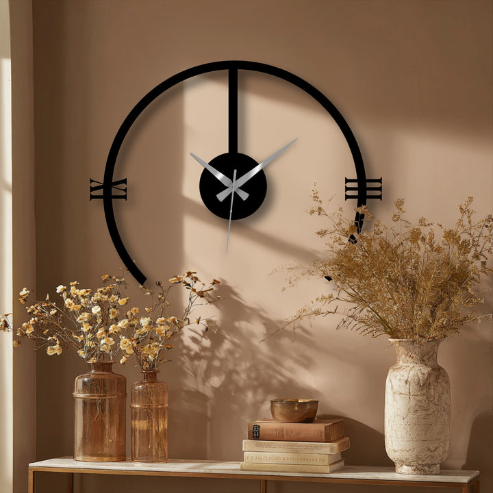 With subdued color saturation, a modern arch metal wall clock adds a touch of understated elegance as unique decoration wall art to the monochromatic wall.