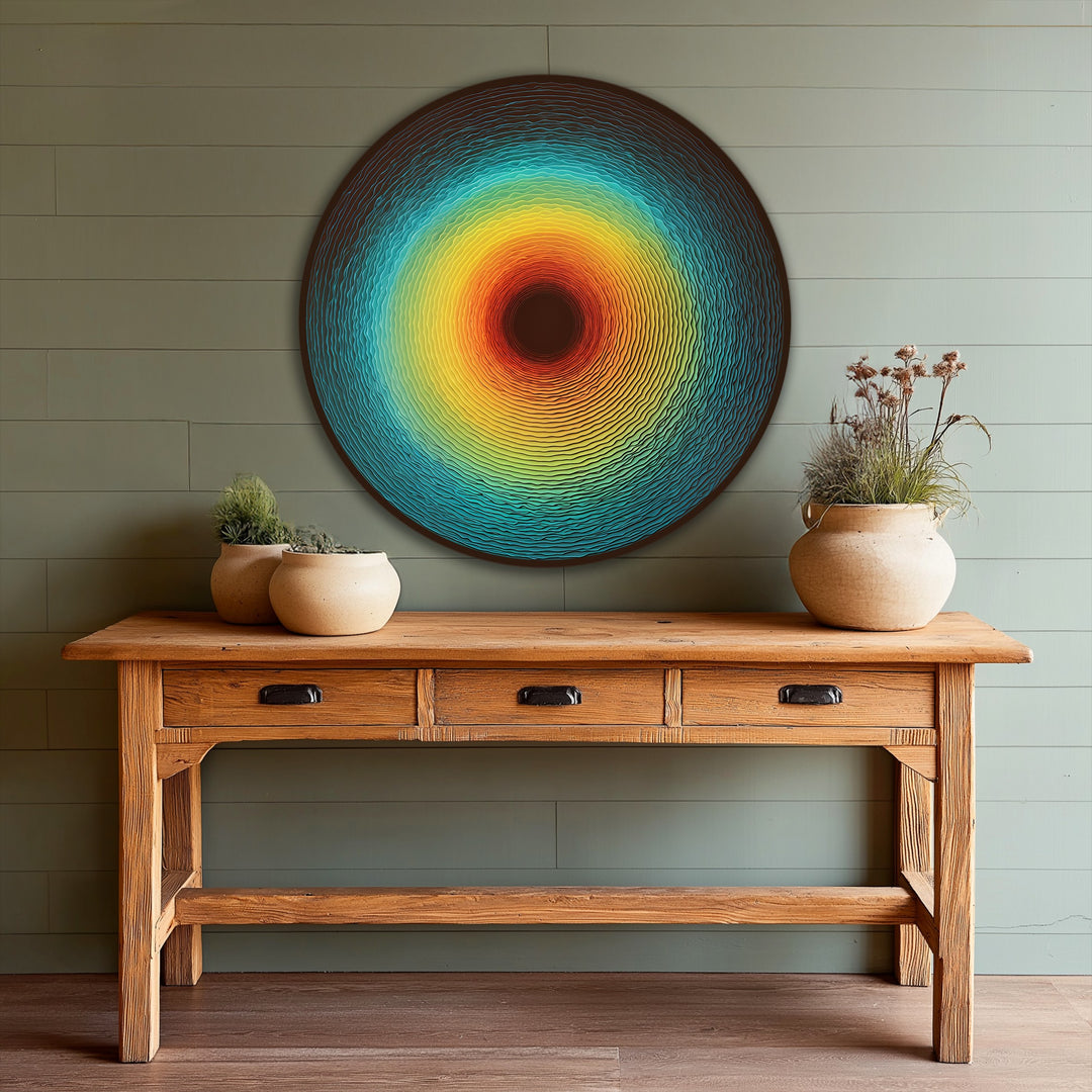 Visual rhythm emanates from the Solar Pulse Disc, a round oil painting art piece, where concentric waves of radiant colors create an entrancing effect.