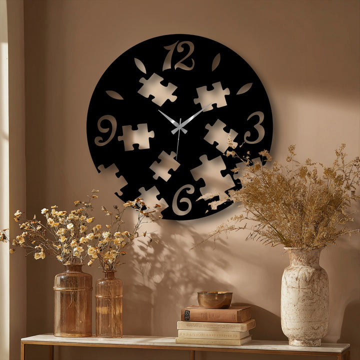 Highlighting the organic forms, a decorative metal art clock presents a puzzle piece design, resembling abstract petals around the numbers.