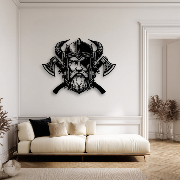 A striking abstract silhouette of a Viking warrior with a horned helmet and axes, crafted as metal artwork, evokes a sense of ancient power.