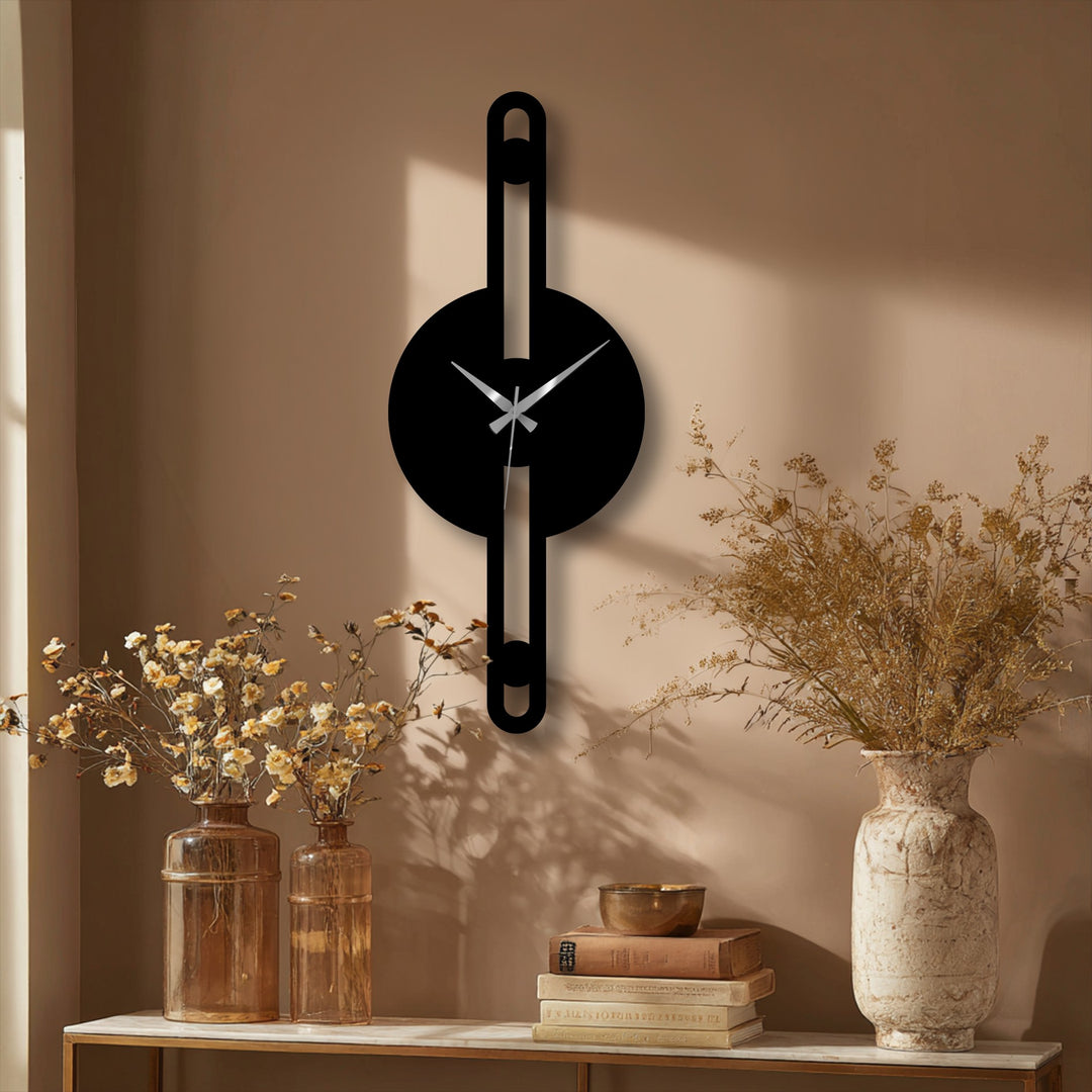 Focusing on the finish, the minimalist vertical line metal wall clock offers a striking modern decoration wall art piece with a sleek and refined texture.