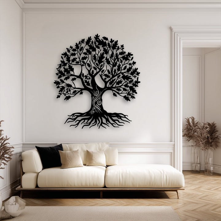 Geometric lines define the elaborate tree of life metal art for wall, contrasting with angular wall mouldings and the herringbone floor pattern.