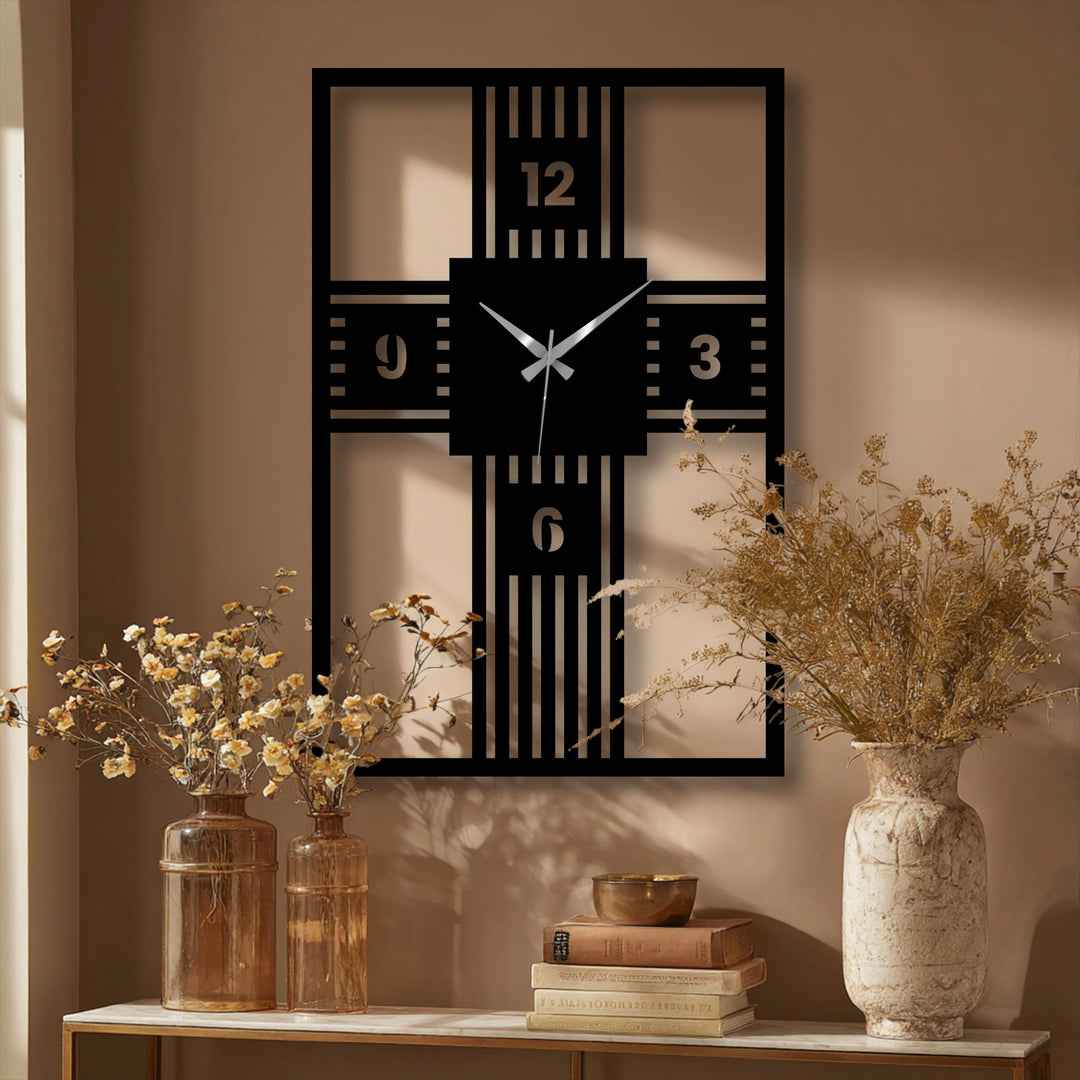 Layering effect emphasized in this modern metal wall clock's open cross design, offering unique decoration wall art with its geometric structure and creating a visually captivating display.