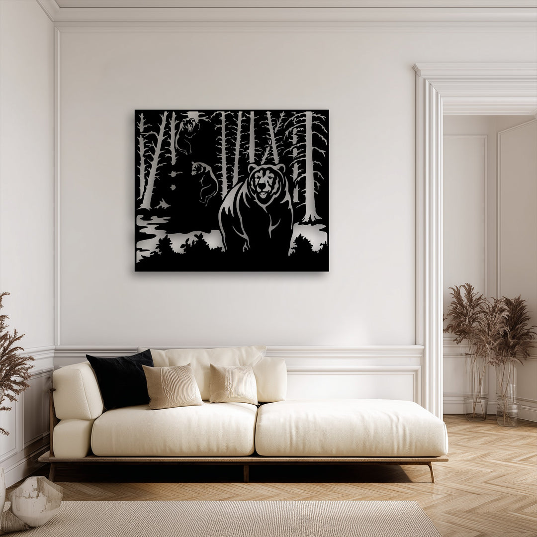 The warm neutral color temperature of the room complements the striking Wild Forest Bear metal art for wall, creating a serene wildlife scene.