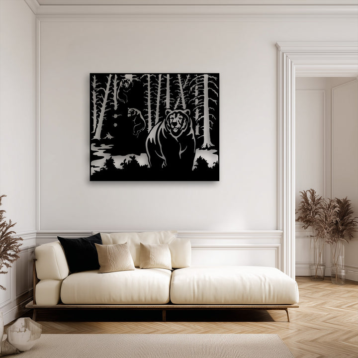 The warm neutral color temperature of the room complements the striking Wild Forest Bear metal art for wall, creating a serene wildlife scene.