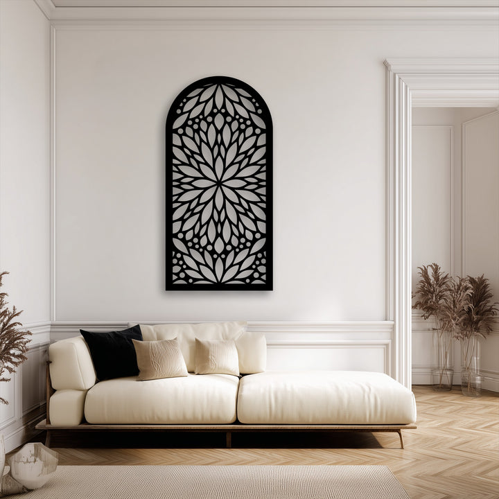 A prominent black, intricate mandala-inspired floral unique metal wall art piece in an elegant arch shape commands attention.