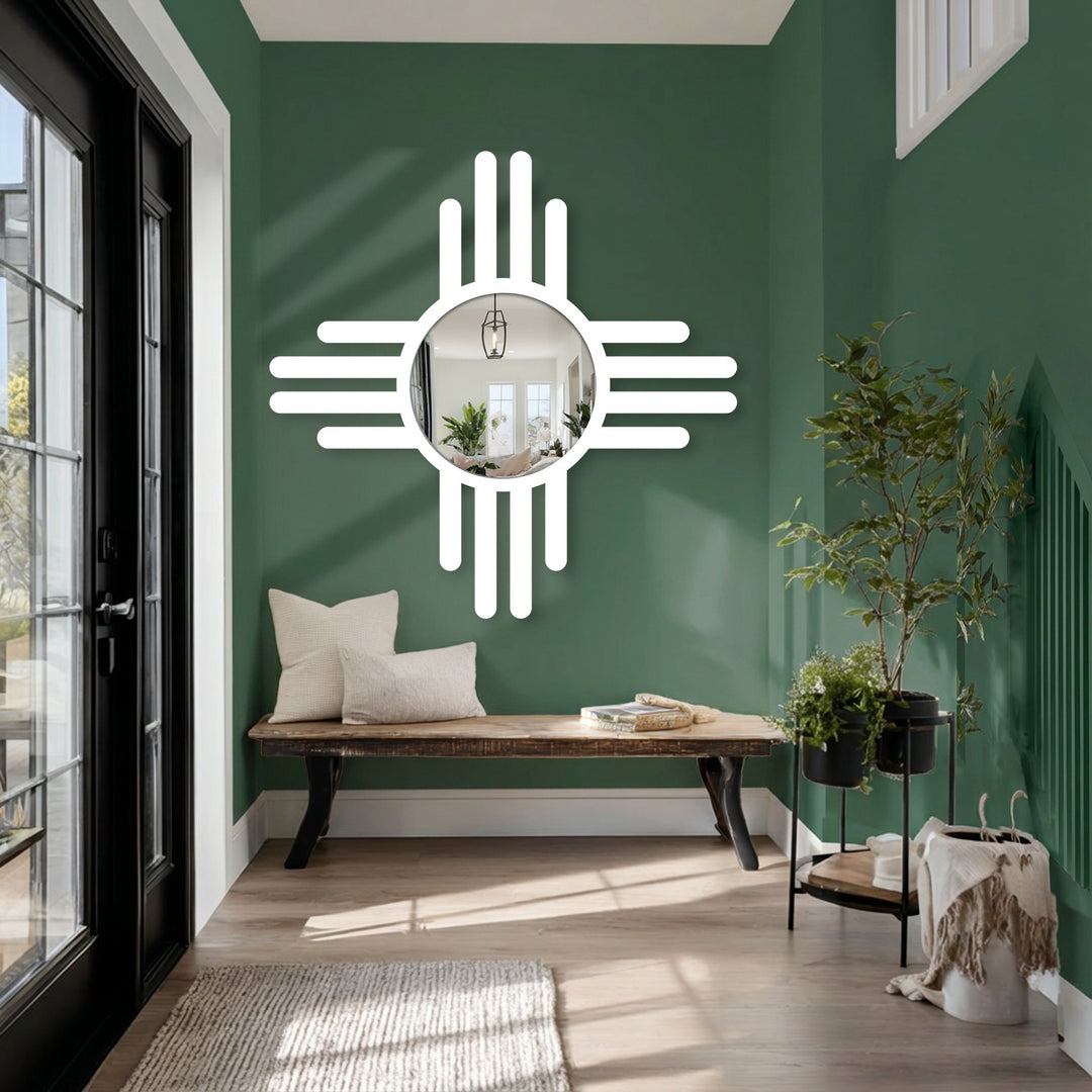 Shadows cast by the door frame highlight the cross line floor mirror's dark metal detailing, blending seamlessly with the room's decoration wall art.