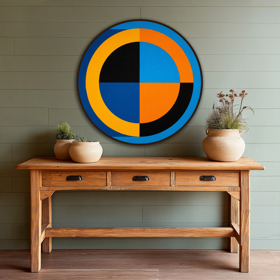 Expertly crafted oil paint creates a bold geometry in this modern abstract round design, showcasing fine quality in this striking oil painting wall art.