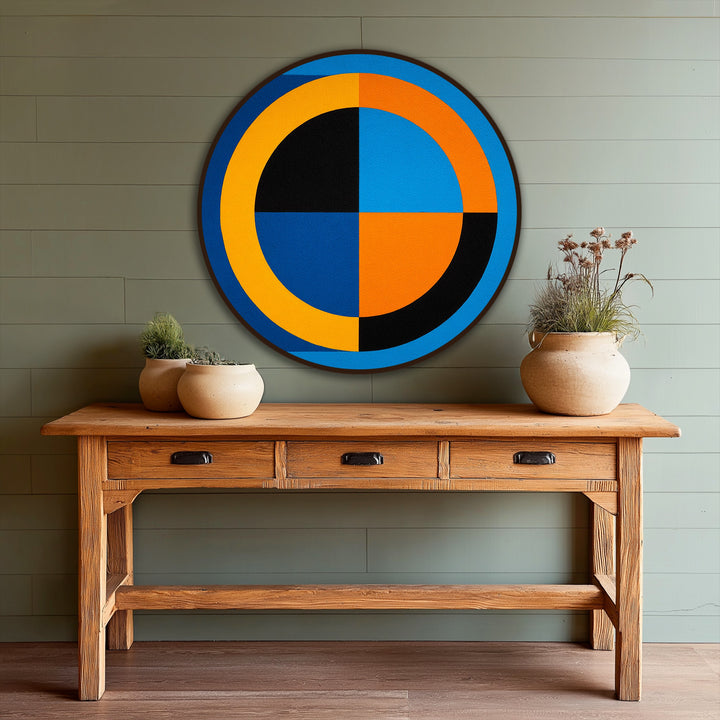 Expertly crafted oil paint creates a bold geometry in this modern abstract round design, showcasing fine quality in this striking oil painting wall art.
