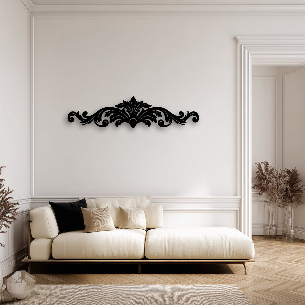 This durable metal artwork showcases a striking ornamental scroll design with superb craftsmanship on a pristine wall.