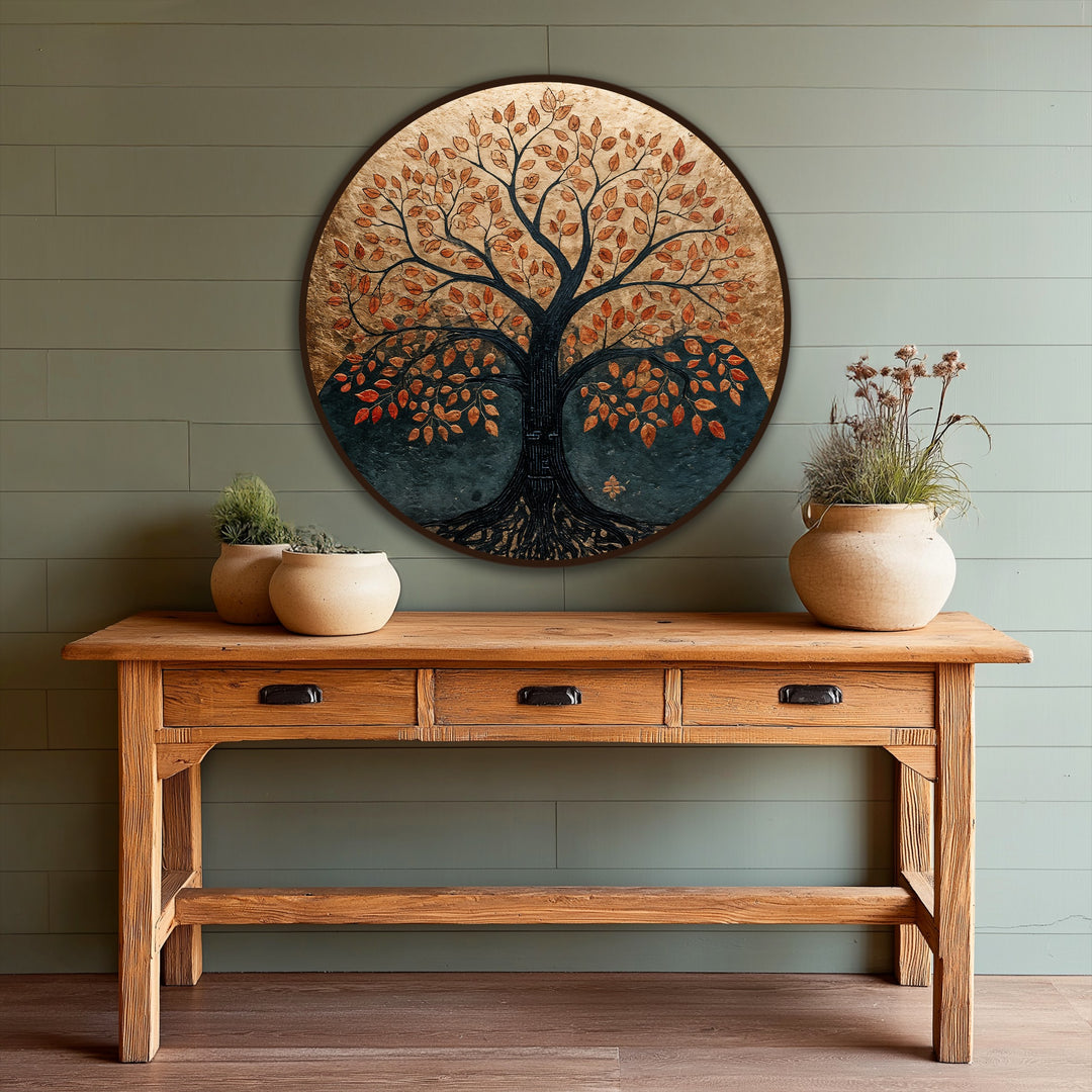 Golden hues blend into deep earthy tones, showcasing the rich transition between colors in this eternal roots autumn tree round oil painting artwork.