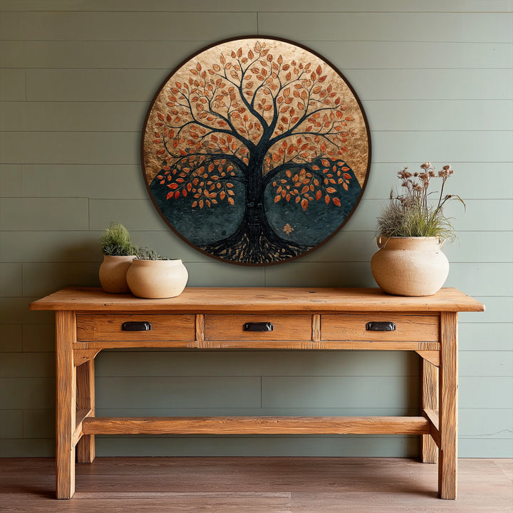 Golden hues blend into deep earthy tones, showcasing the rich transition between colors in this eternal roots autumn tree round oil painting artwork.