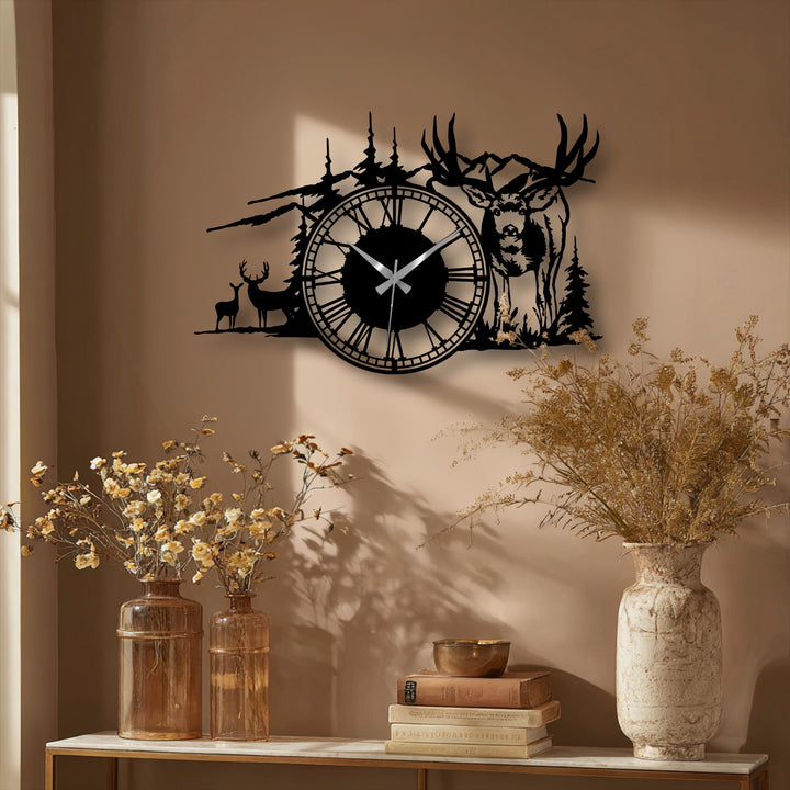 The abstract quality of the majestic deer forest metal wall clock's intricate silhouette design serves as captivating decorative metal art.