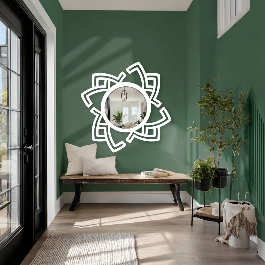 Smooth, white surface texture accentuates the abstract rotating frame on this decorative wall mirror, perfect for decorating with wall mirrors to enhance light and space.